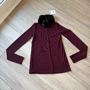 NWT Zara Burgundy Faux Fur Collar Long Sleeve Top - Size Small